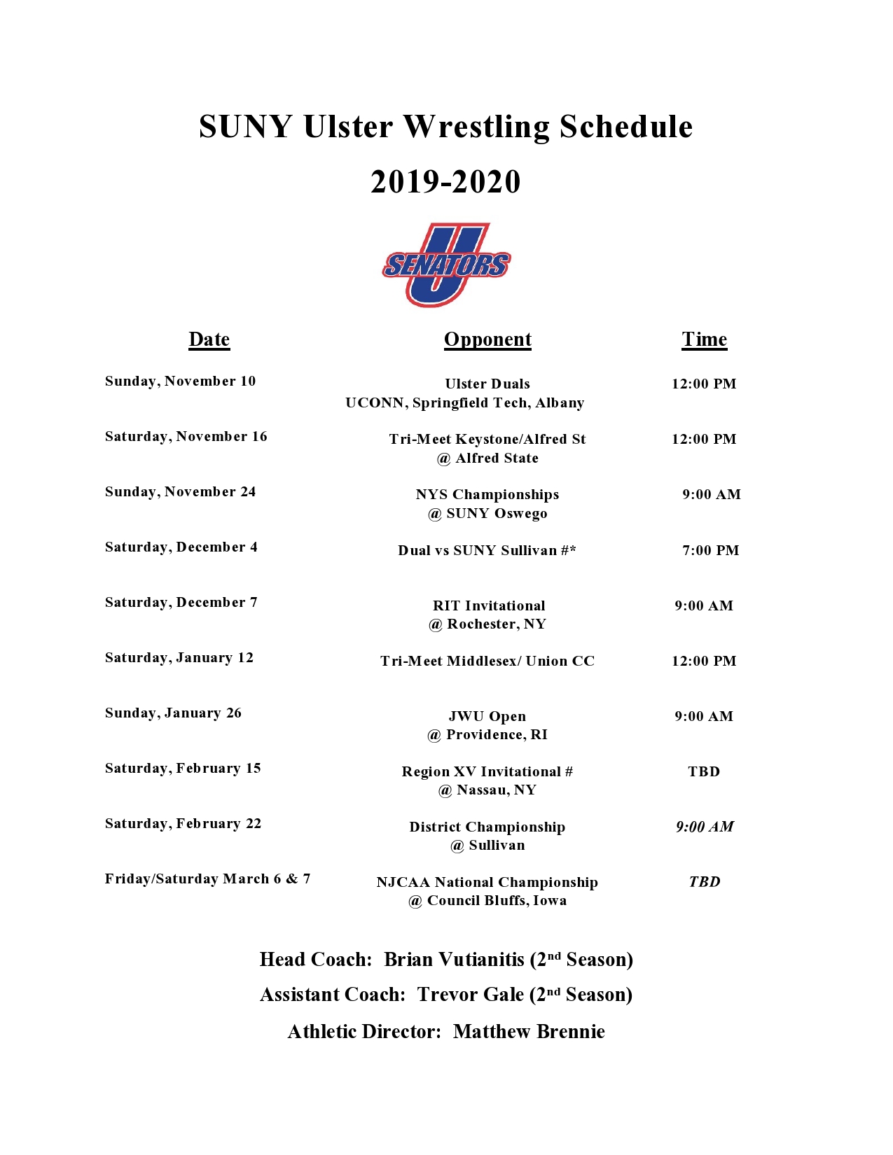 2019-2020 SUNY Ulster Schedule – SECTION 9 WRESTLING